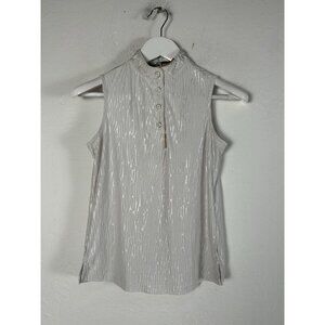 Jamie Sadock Sleeveless Mock Neck Metallic Textured Golf Top XS White Silver